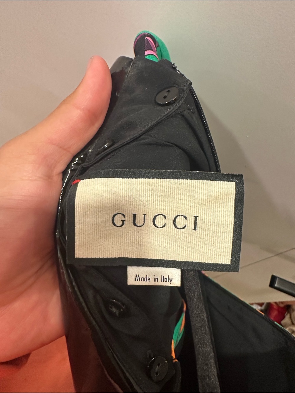 Gucci Black Short Sleeve Mini Dress with Green, Orange & Pink Geometric Print - Picture 3 of 7